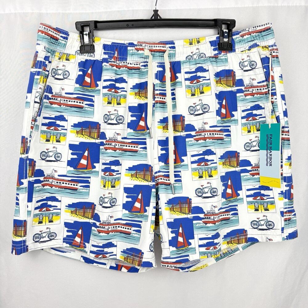 Fair Harbor Bungalow Swim Trunks Mens 2XL White Postcard Print Lined Stretch NWT